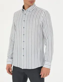 پیراهن آستین بلند مردانه یقه برگردان نخی جذب آبی پیرکاردین