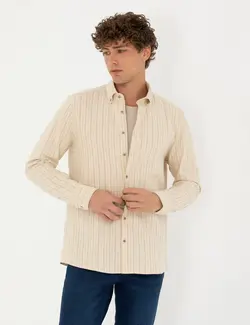 پیراهن آستین بلند مردانه یقه برگردان بدون جیب بژ پیرکاردین