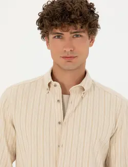 پیراهن آستین بلند مردانه یقه برگردان بدون جیب بژ پیرکاردین