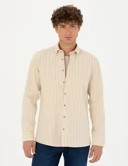 پیراهن آستین بلند مردانه یقه برگردان بدون جیب بژ پیرکاردین