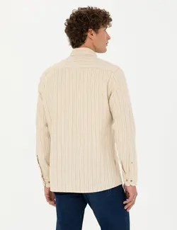 پیراهن آستین بلند مردانه یقه برگردان بدون جیب بژ پیرکاردین