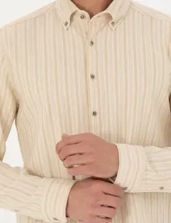 پیراهن آستین بلند مردانه یقه برگردان بدون جیب بژ پیرکاردین