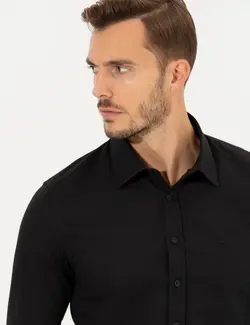 پیراهن آستین بلند مردانه یقه کلاسیک طرحدار جذب سیاه پیرکاردین