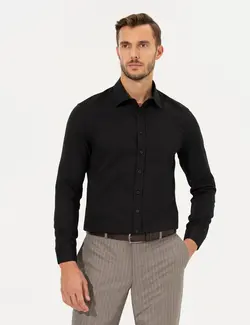 پیراهن آستین بلند مردانه یقه کلاسیک طرحدار جذب سیاه پیرکاردین