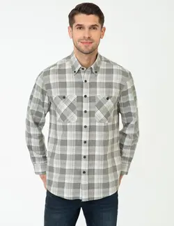 پیراهن آستین بلند مردانه یقه برگردان چهارخانه دوجیب خاکستری پیرکاردین