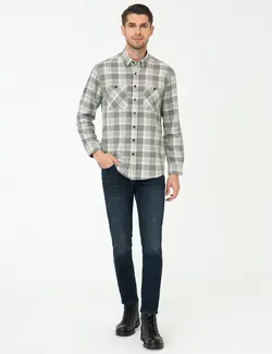 پیراهن آستین بلند مردانه یقه برگردان چهارخانه دوجیب خاکستری پیرکاردین