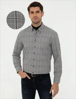 پیراهن آستین بلند مردانه یقه برگردان چهارخانه سیاه پیرکاردین