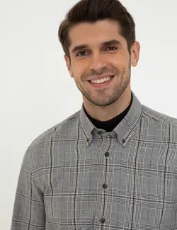 پیراهن آستین بلند مردانه یقه برگردان چهارخانه سیاه پیرکاردین