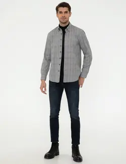 پیراهن آستین بلند مردانه یقه برگردان چهارخانه سیاه پیرکاردین