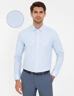 پیراهن آستین بلند مردانه یقه برگردان طرحدار جذب آبی روشن پیرکاردین