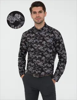 پیراهن آستین بلند مردانه یقه برگردان بدون جیب طرحدار سیاه پیرکاردین