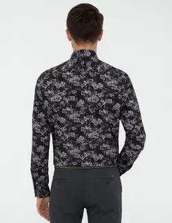 پیراهن آستین بلند مردانه یقه برگردان بدون جیب طرحدار سیاه پیرکاردین