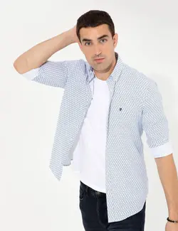 پیراهن آستین بلند مردانه یقه برگردان طرحدار جذب سرمه ای پیرکاردین