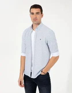 پیراهن آستین بلند مردانه یقه برگردان طرحدار جذب سرمه ای پیرکاردین