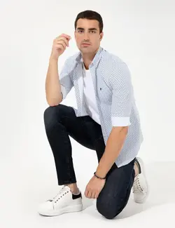 پیراهن آستین بلند مردانه یقه برگردان طرحدار جذب سرمه ای پیرکاردین