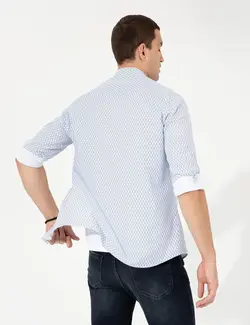 پیراهن آستین بلند مردانه یقه برگردان طرحدار جذب سرمه ای پیرکاردین