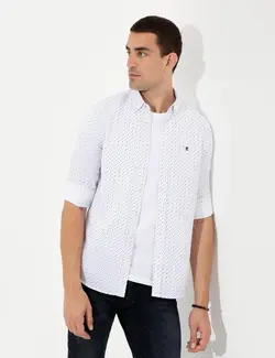 پیراهن آستین بلند مردانه یقه برگردان طرحدار جذب سرمه ای پیرکاردین