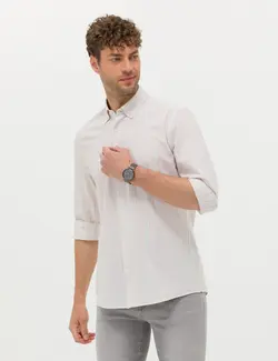 پیراهن آستین بلند مردانه یقه برگردان بدون جیب ساده خاکی پیرکاردین