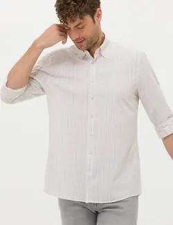 پیراهن آستین بلند مردانه یقه برگردان بدون جیب ساده خاکی پیرکاردین