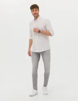 پیراهن آستین بلند مردانه یقه برگردان بدون جیب ساده خاکی پیرکاردین