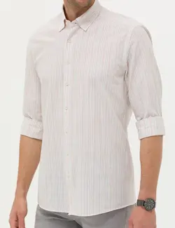 پیراهن آستین بلند مردانه یقه برگردان بدون جیب ساده خاکی پیرکاردین