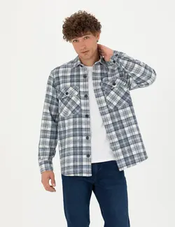 پیراهن آستین بلند مردانه اورسایز یقه برگردان جیبدار آبی پیرکاردین