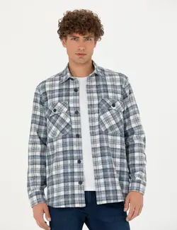 پیراهن آستین بلند مردانه اورسایز یقه برگردان جیبدار آبی پیرکاردین