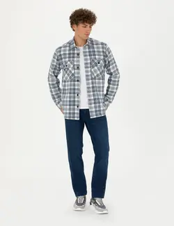 پیراهن آستین بلند مردانه اورسایز یقه برگردان جیبدار آبی پیرکاردین