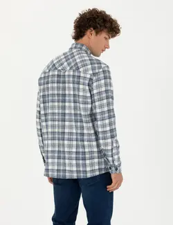 پیراهن آستین بلند مردانه اورسایز یقه برگردان جیبدار آبی پیرکاردین