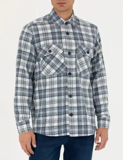 پیراهن آستین بلند مردانه اورسایز یقه برگردان جیبدار آبی پیرکاردین