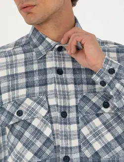 پیراهن آستین بلند مردانه اورسایز یقه برگردان جیبدار آبی پیرکاردین