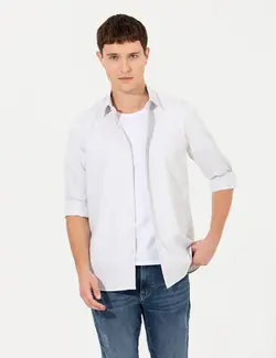 پیراهن آستین بلند مردانه راه یقه کلاسیک خاکستری روشن پیرکاردین