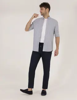 شلوار کتان و پارچه ای مردانه مخروطی ساده جیبدار سرمه ای پیرکاردین