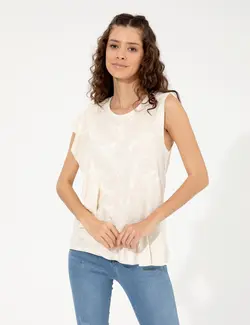 بلوز زنانه آستین کوتاه یقه گرد گشاد کرم پیرکاردین