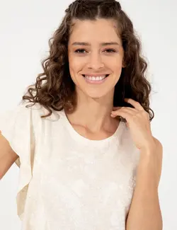 بلوز زنانه آستین کوتاه یقه گرد گشاد کرم پیرکاردین