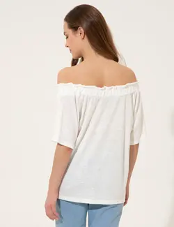 بلوز زنانه آستین کوتاه یقه قایقی سفید پیرکاردین