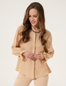 بلوز زنانه یقه کلاسیک راحت بژ پیرکاردین