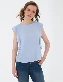 بلوز زنانه بدون آستین یقه گرد راه ویسکوز آبی روشن پیرکاردین