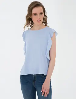 بلوز زنانه بدون آستین یقه گرد راه ویسکوز آبی روشن پیرکاردین