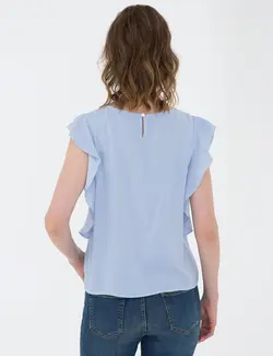 بلوز زنانه بدون آستین یقه گرد راه ویسکوز آبی روشن پیرکاردین