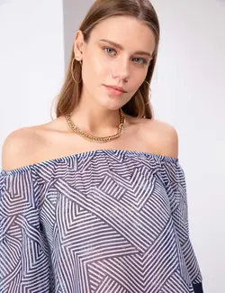 بلوز زنانه بدون یقه آستین سه ریع طرحدار سرمه ای پیرکاردین