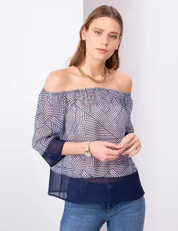 بلوز زنانه بدون یقه آستین سه ریع طرحدار سرمه ای پیرکاردین