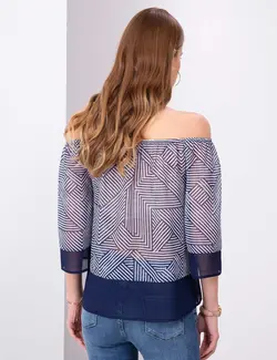 بلوز زنانه بدون یقه آستین سه ریع طرحدار سرمه ای پیرکاردین