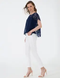 بلوز زنانه آستین کوتاه یقه گرد ویسکوز سرمه ای پیرکاردین