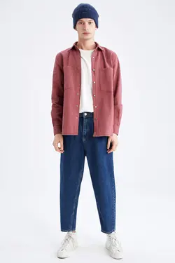 پیراهن جین آستین بلند مردانه زرشکی دفاکتو