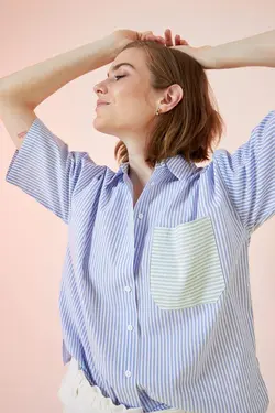 شومیز آستین کوتاه زنانه آبی دفاکتو