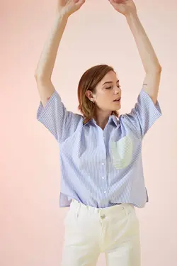 شومیز آستین کوتاه زنانه آبی دفاکتو