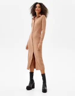 پیراهن میدی زنانه شتری برشکا