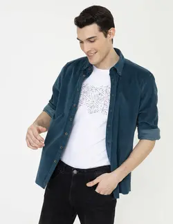 پیراهن آستین بلند مردانه آبی نفتی پیرکاردین