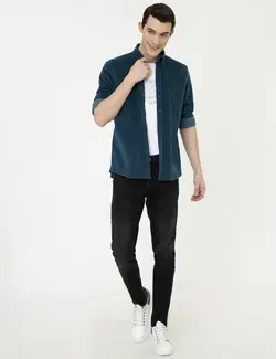 پیراهن آستین بلند مردانه آبی نفتی پیرکاردین